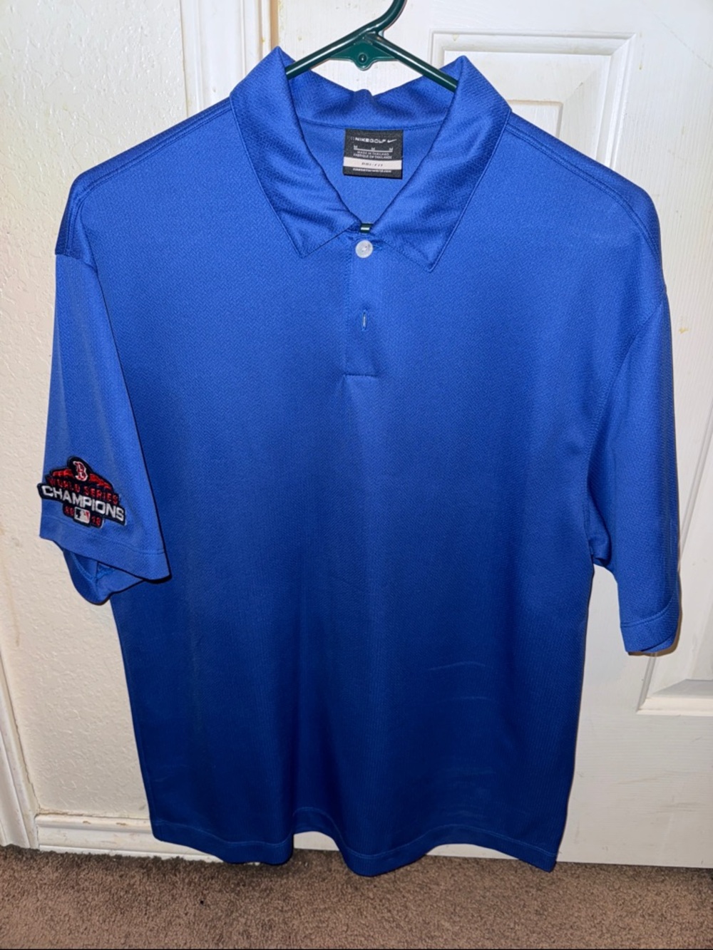Men's Royal Blue Nike Golf Polo Shirt with Red  Sox World Series Sleeve Patch